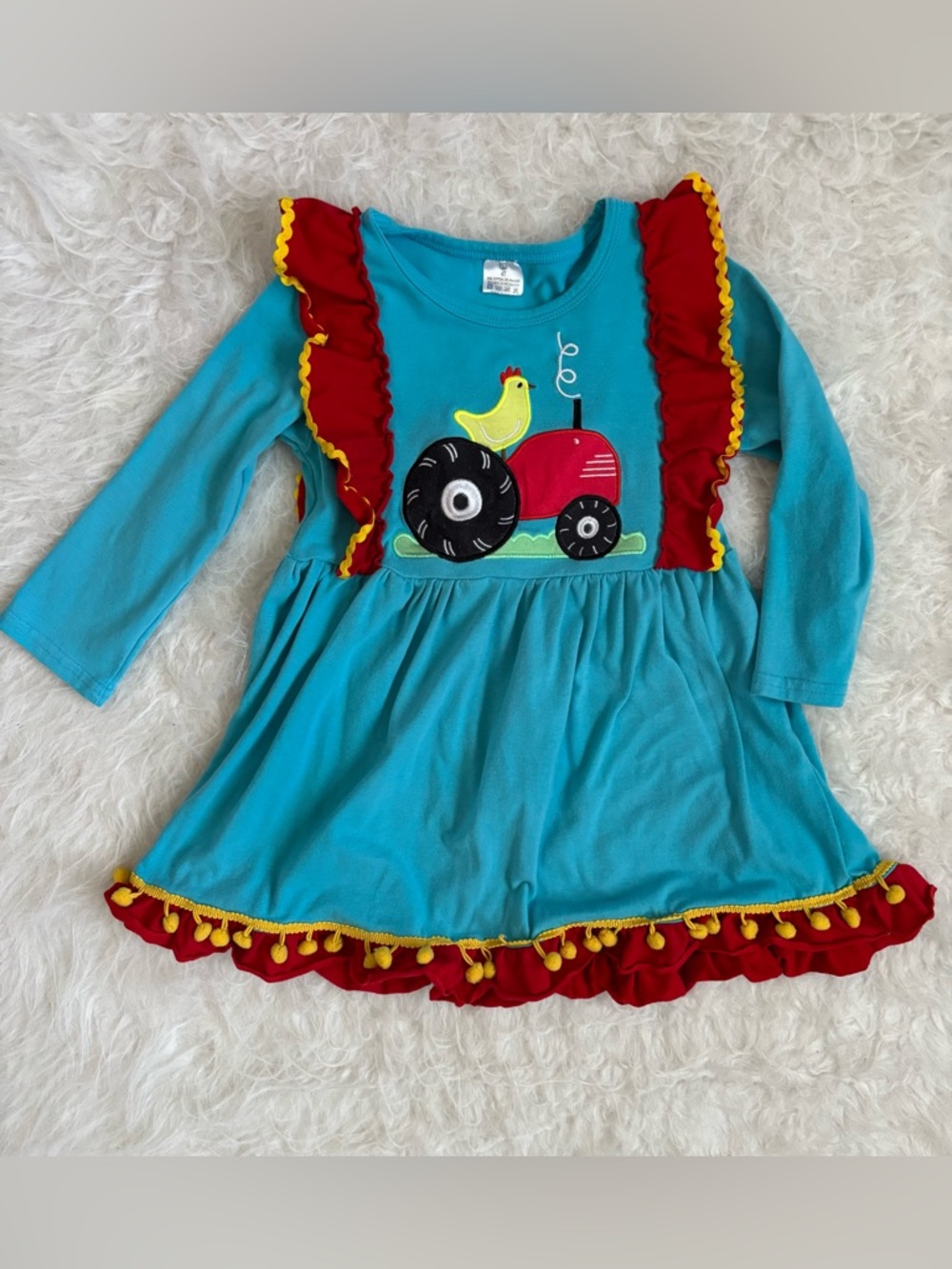 Girls Turquoise Farm Tractor Ruffle Dress with Red & Yellow Accents